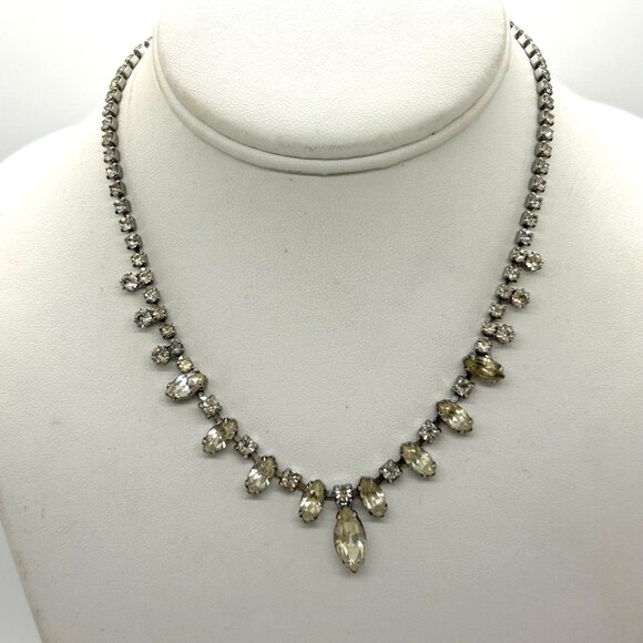 Vintage Weiss Rhinestone Necklace Clear Marquise & Round Stones Wedding Formal - Picture 2 of 11